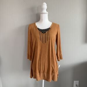 NWT Valerie Stevens Faux Suede Beaded Neck Dress Cashew Size S 3/4 Sleeve Mini